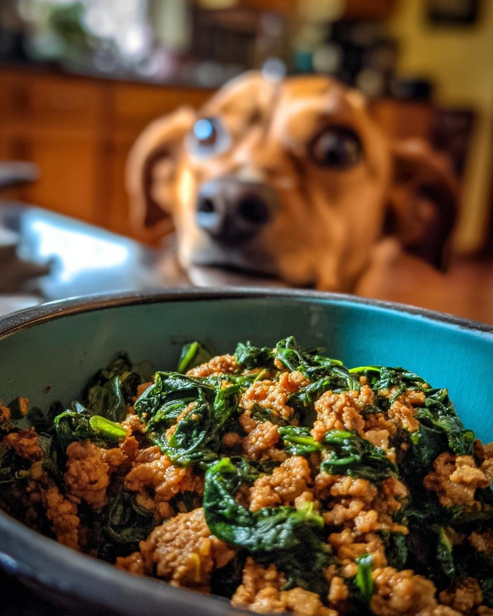 A close-up of a bowl filled with a Turkey and Spinach Low Fat Meal, with a dog looking on in the background.