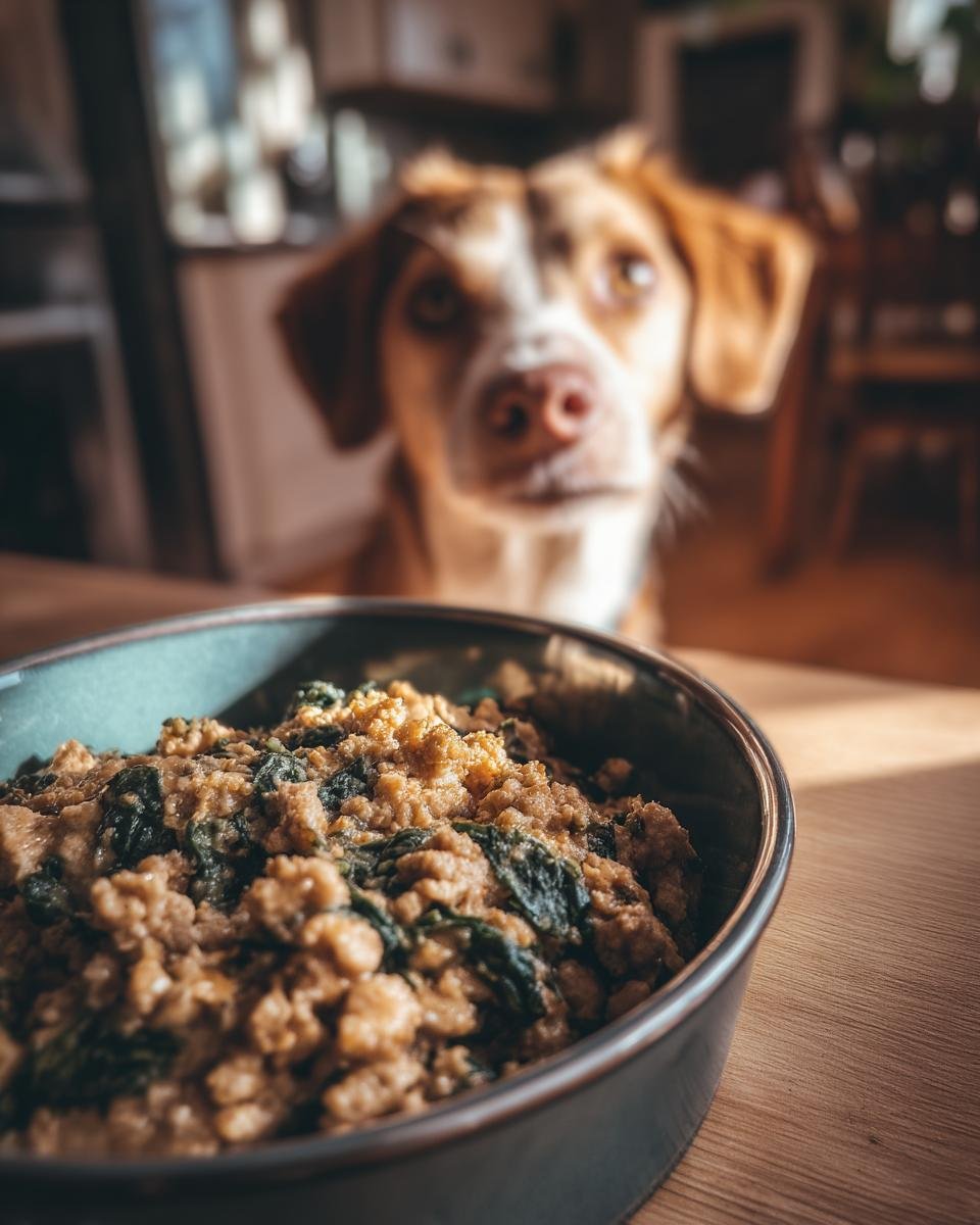 A bowl of Turkey and Spinach Low Fat Meal with a dog looking on.