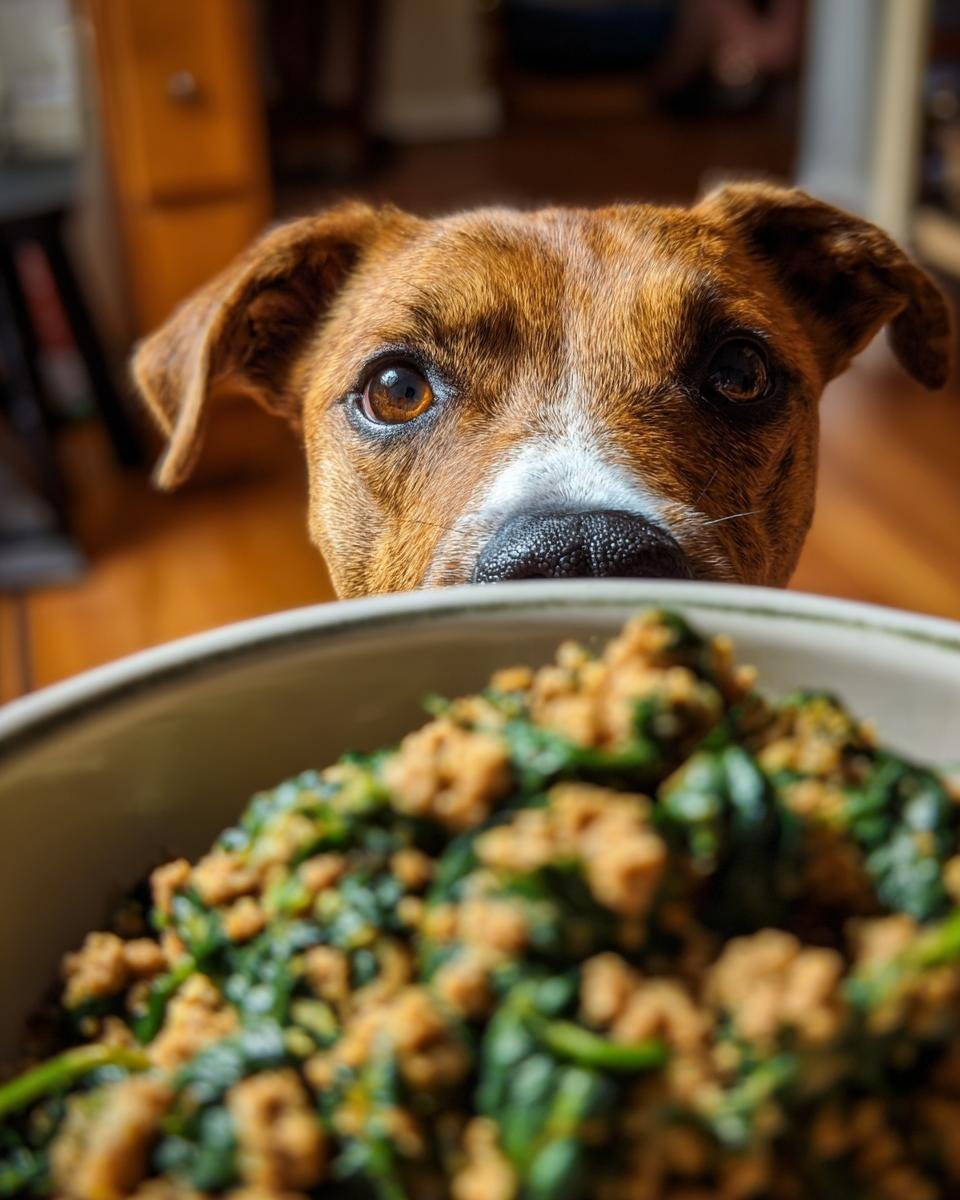 A curious dog peeking over a bowl of Turkey and Spinach Low Fat Meal, looking intently at the food.