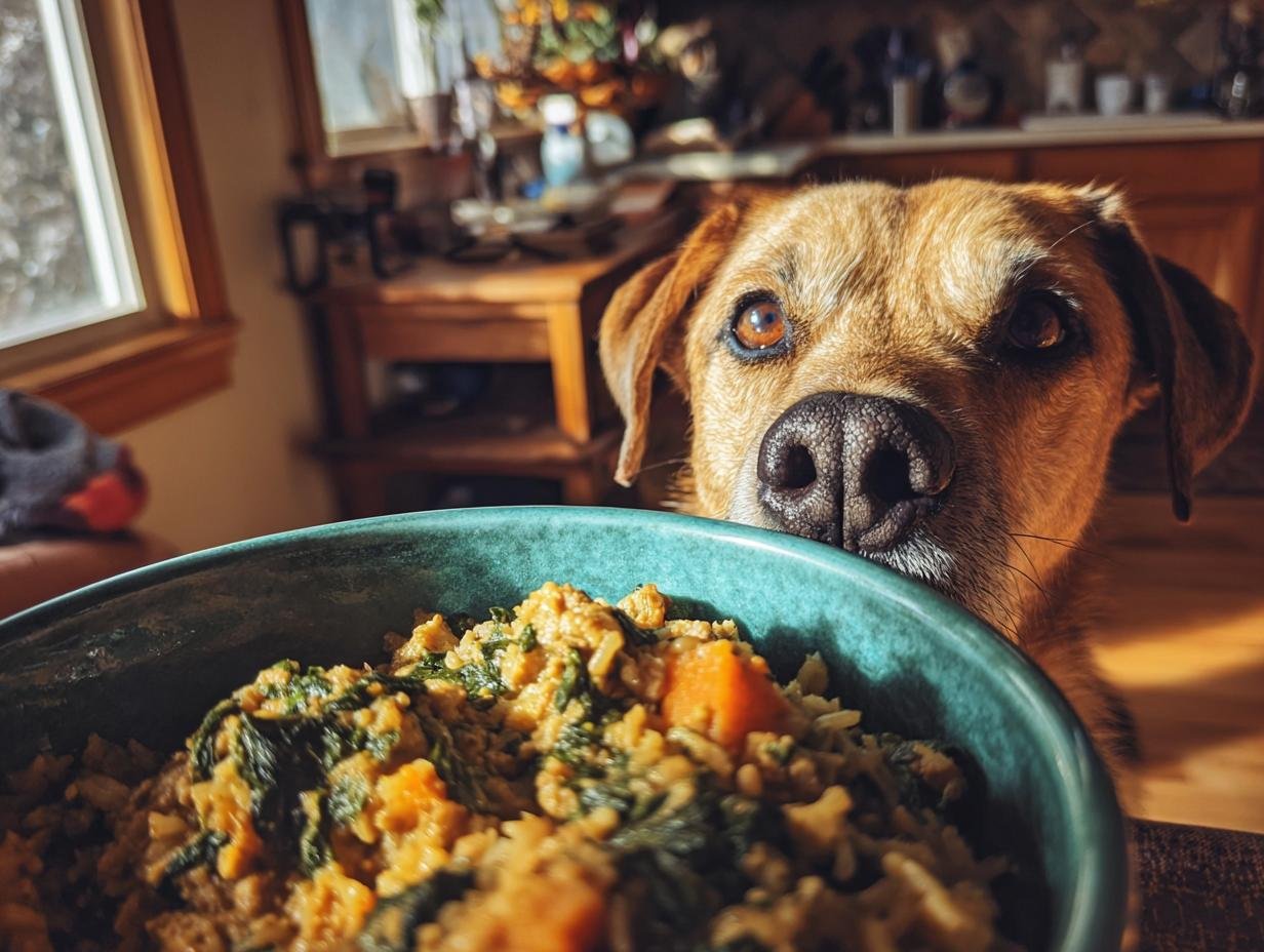 A curious dog peeking over a bowl of Turkey and Spinach Low Fat Meal, ready for a bite.