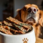 A golden retriever dog looking intently at a bowl of Turkey Spinach Recovery Jerky.