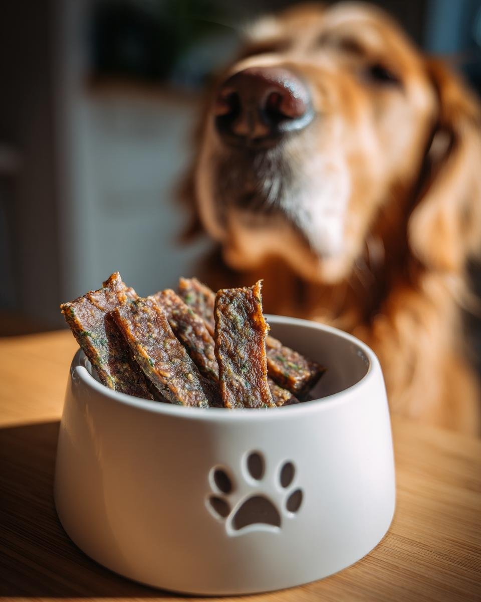 A bowl of Turkey Spinach Recovery Jerky with a golden retriever looking on.