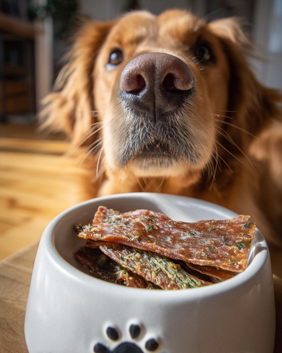 A golden retriever dog looking intently at a bowl of Turkey Spinach Recovery Jerky.
