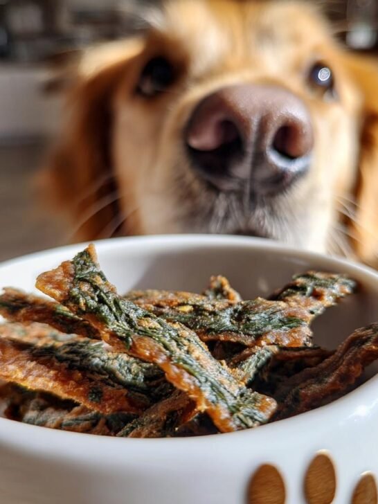 A golden retriever dog eagerly looks at a bowl filled with Turkey Spinach Recovery Jerky.