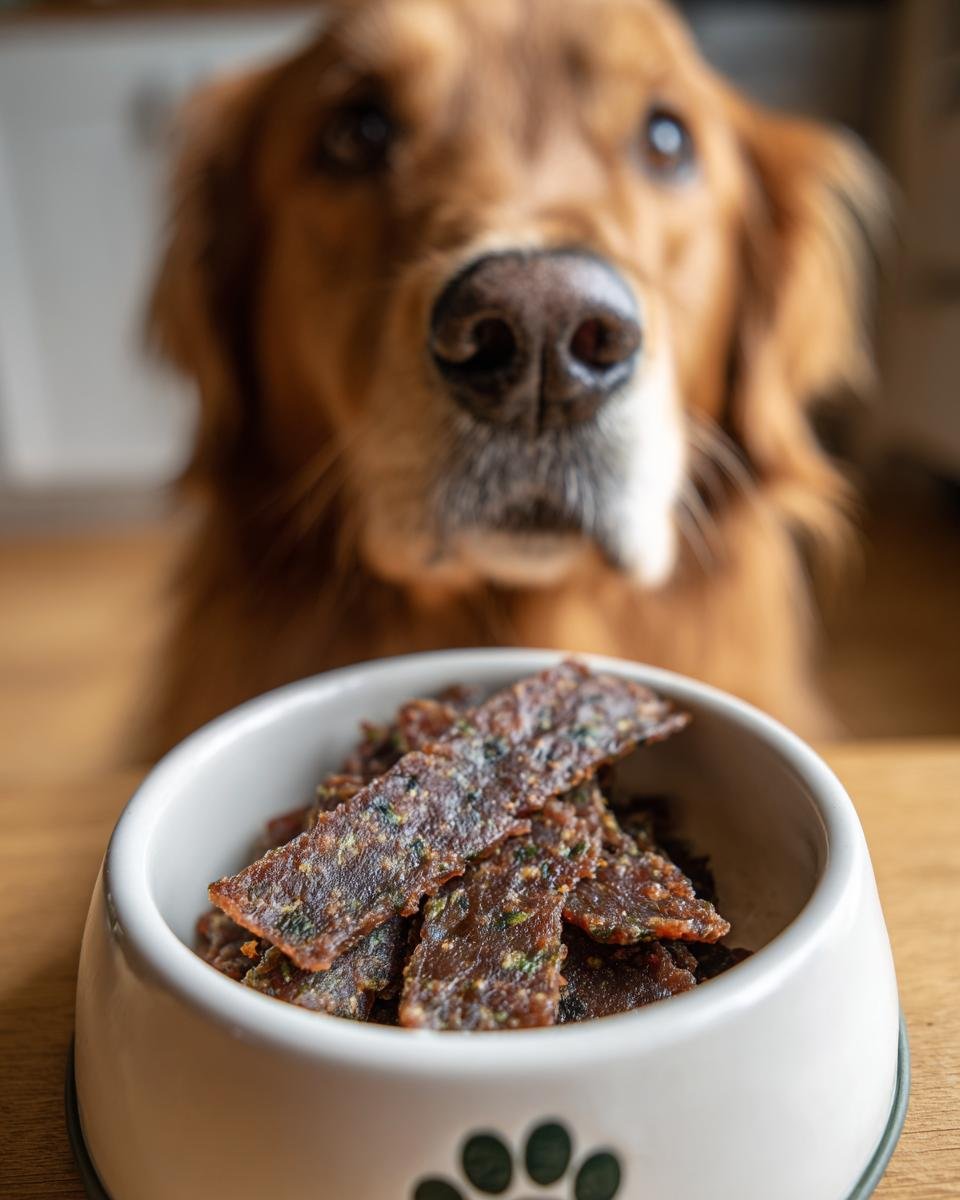 A bowl of Turkey Spinach Recovery Jerky with a Golden Retriever looking on.