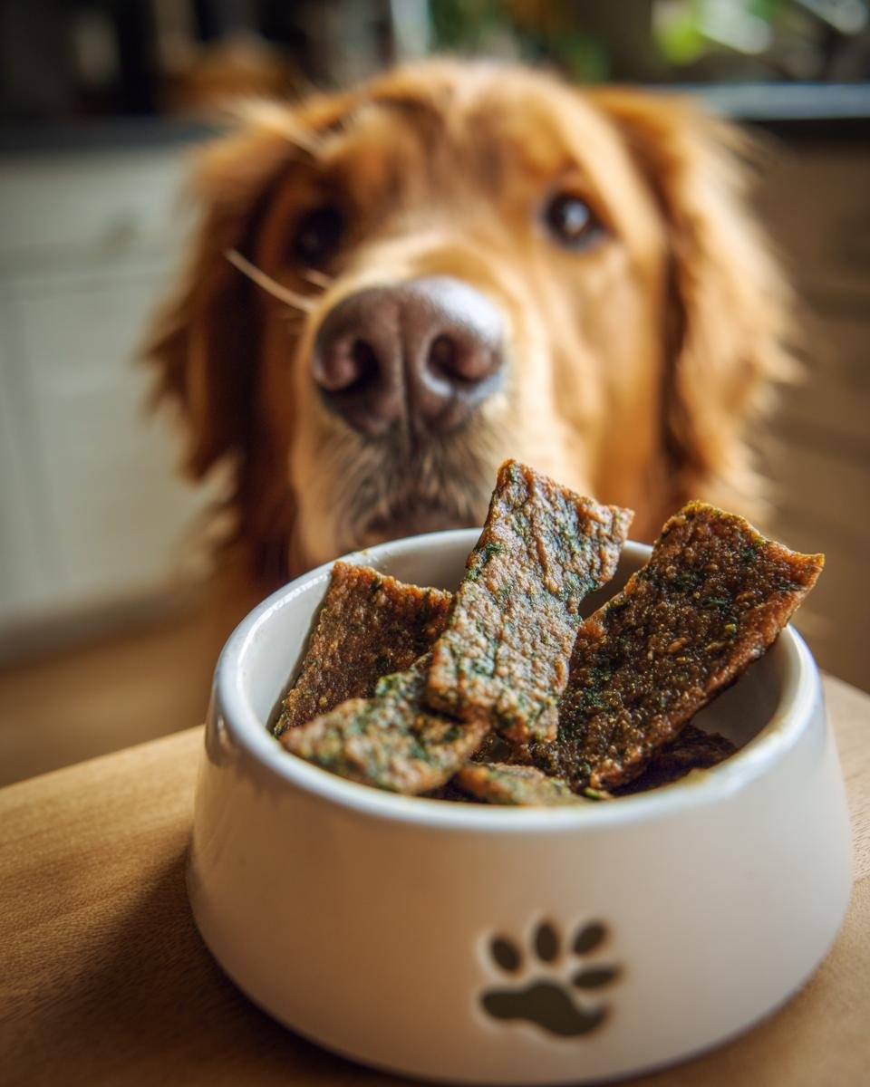 A golden retriever dog looking intently at a bowl of Turkey Spinach Recovery Jerky.