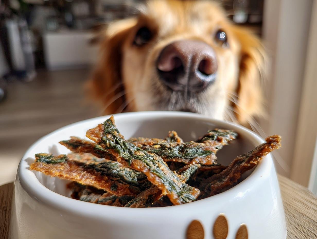 A golden retriever dog eagerly looks at a bowl filled with Turkey Spinach Recovery Jerky.