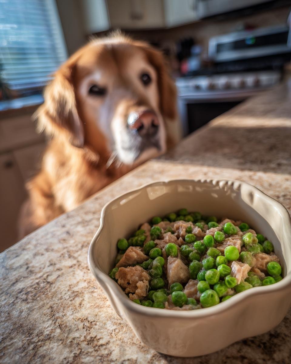 A golden retriever dog looking at a bowl of turkey and sweet pea lean meal.