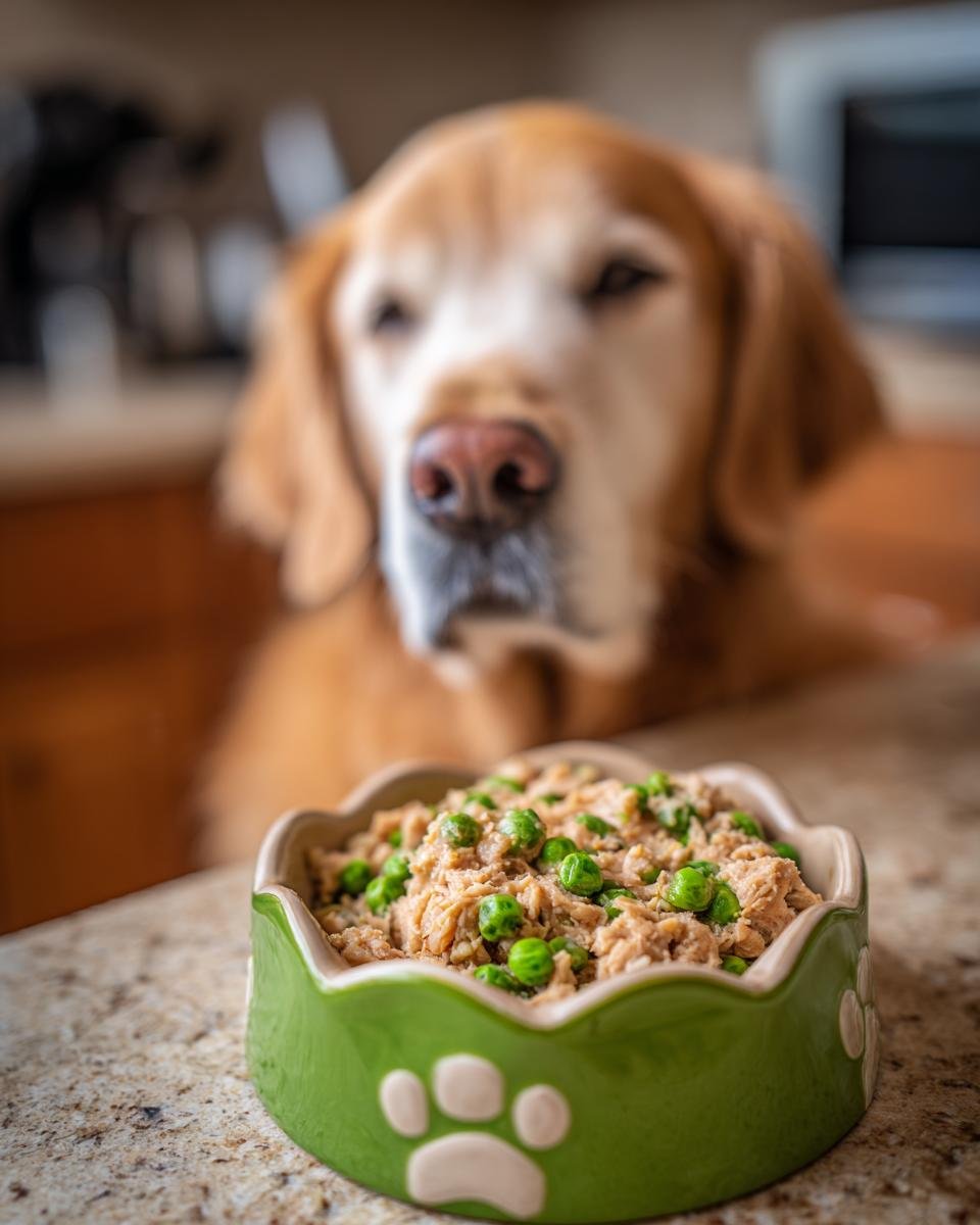 A green dog bowl filled with turkey and sweet pea meal, with a golden retriever looking on.
