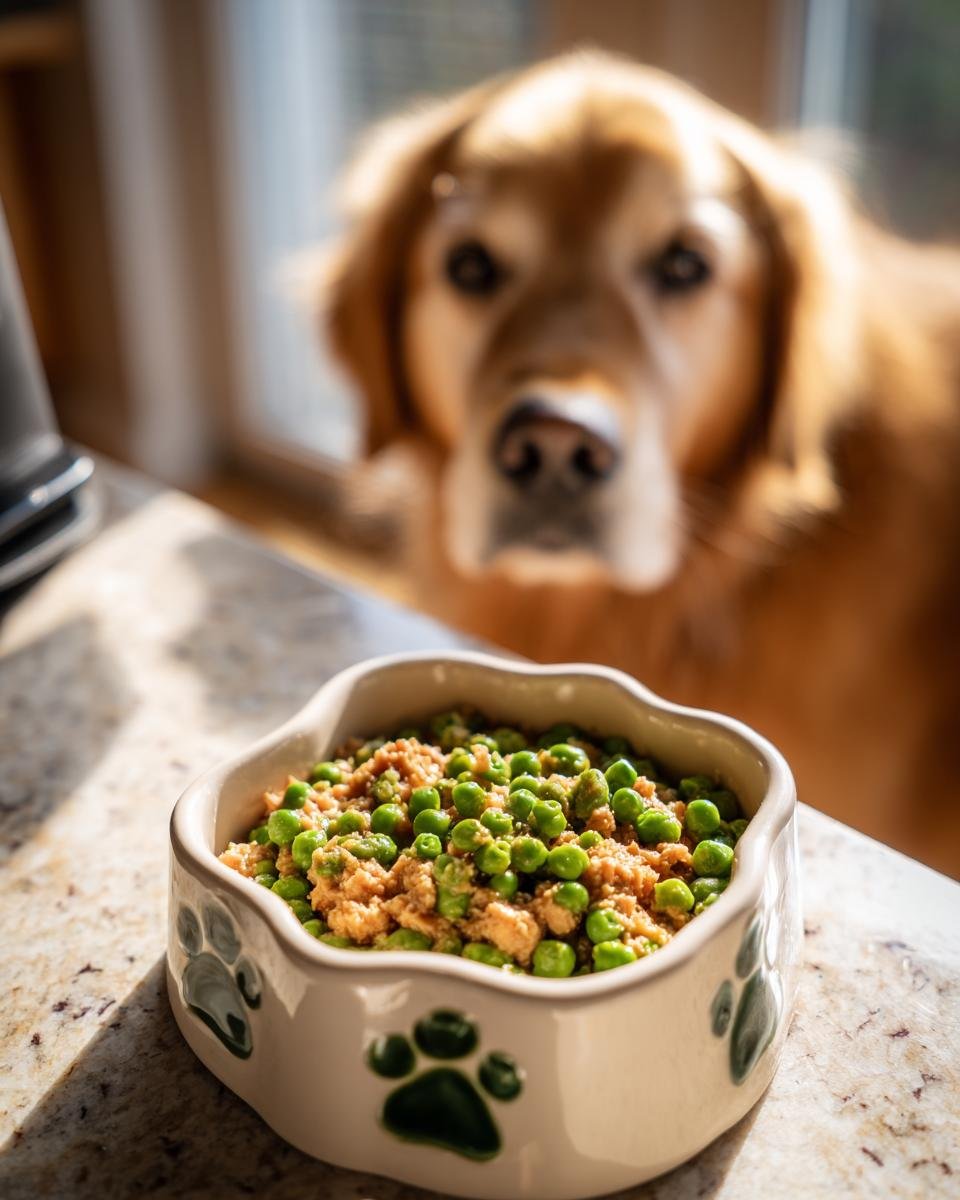 A bowl of turkey and sweet pea dog food with a golden retriever in the background.