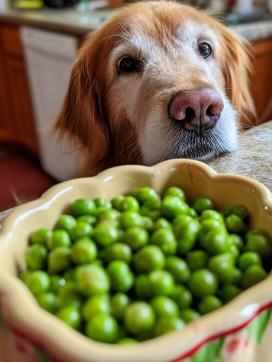 A golden retriever dog eagerly looks at a bowl of sweet peas, anticipating a Turkey and Sweet Pea Lean Meal.