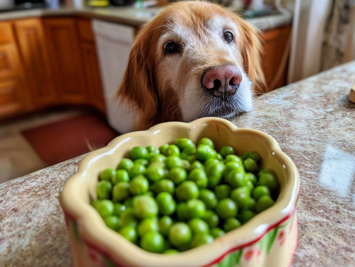 A golden retriever dog eagerly looks at a bowl of sweet peas, anticipating a Turkey and Sweet Pea Lean Meal.