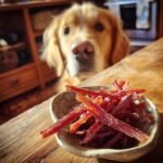 A golden retriever dog looking intently at a bowl of Turkey Sweet Pea Light Jerky.