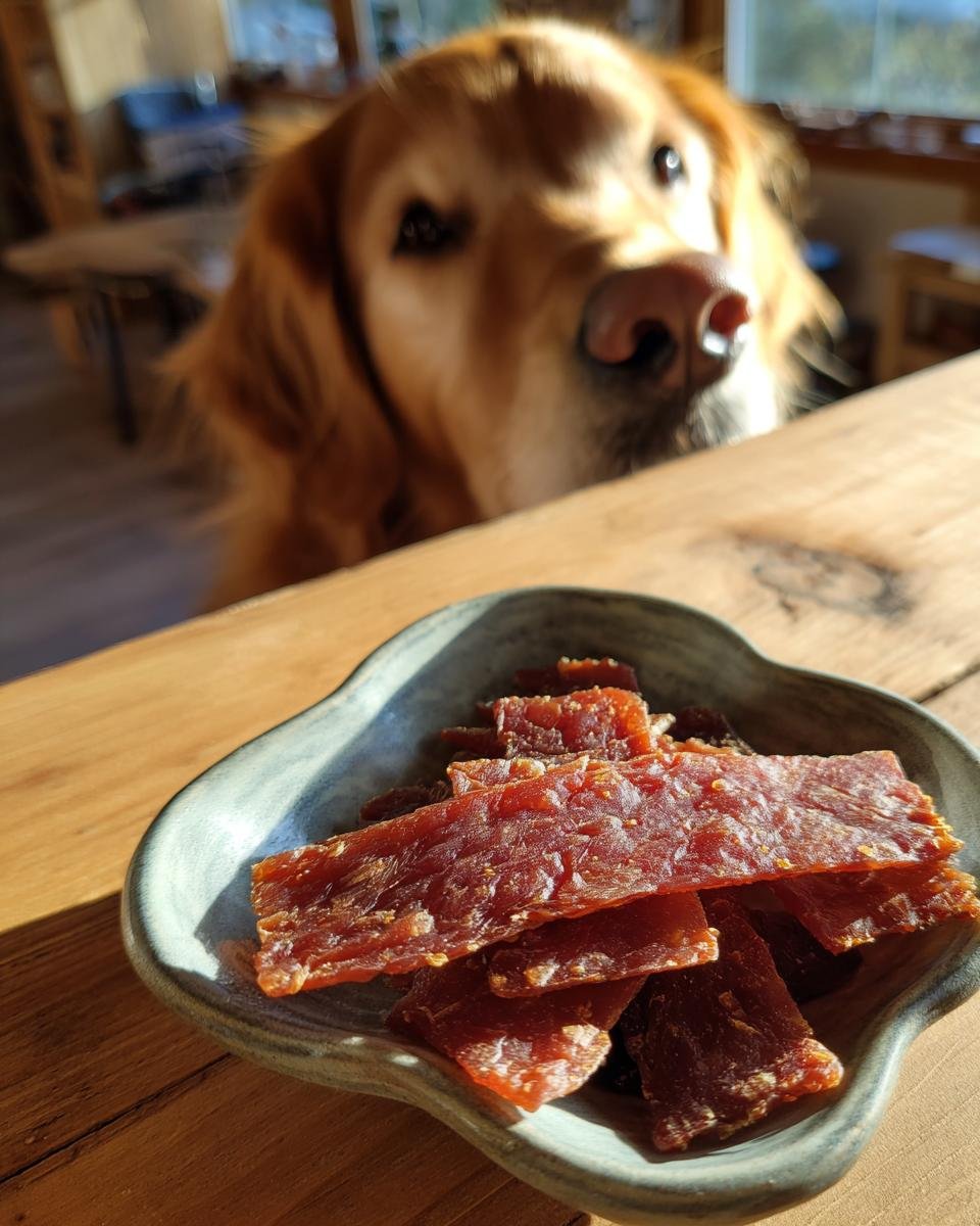 A bowl of Turkey Sweet Pea Light Jerky with a Golden Retriever dog looking curiously at the jerky.