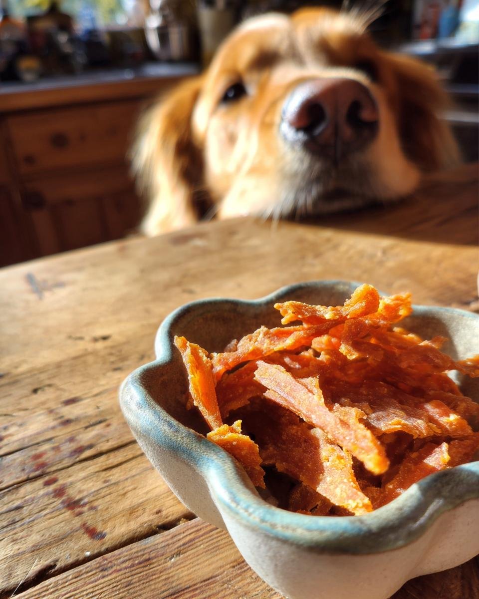 A golden retriever dog looking longingly at a bowl of Turkey Sweet Pea Light Jerky on a wooden table.