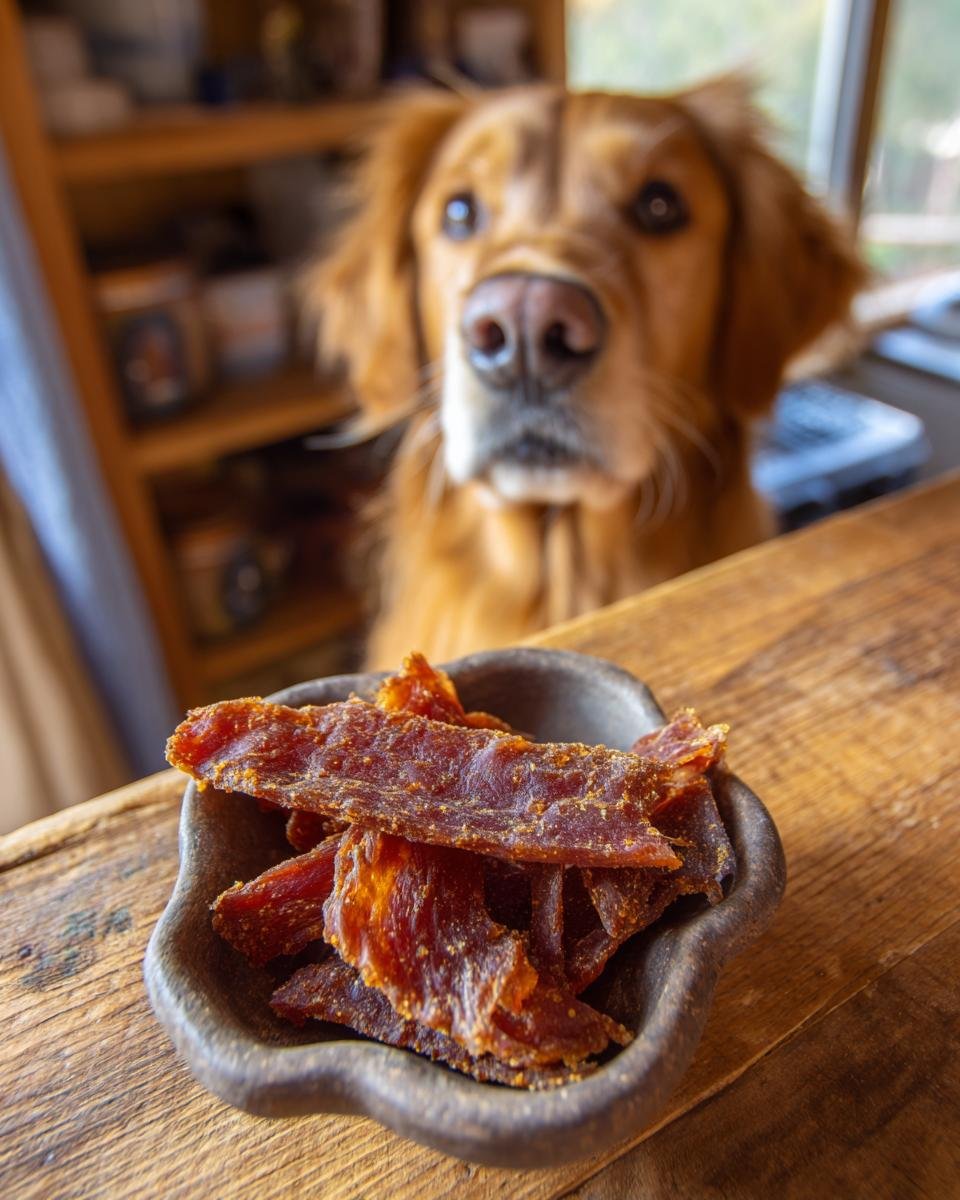 A bowl of Turkey Sweet Pea Light Jerky sits on a wooden table, with a Golden Retriever dog looking intently in the background.