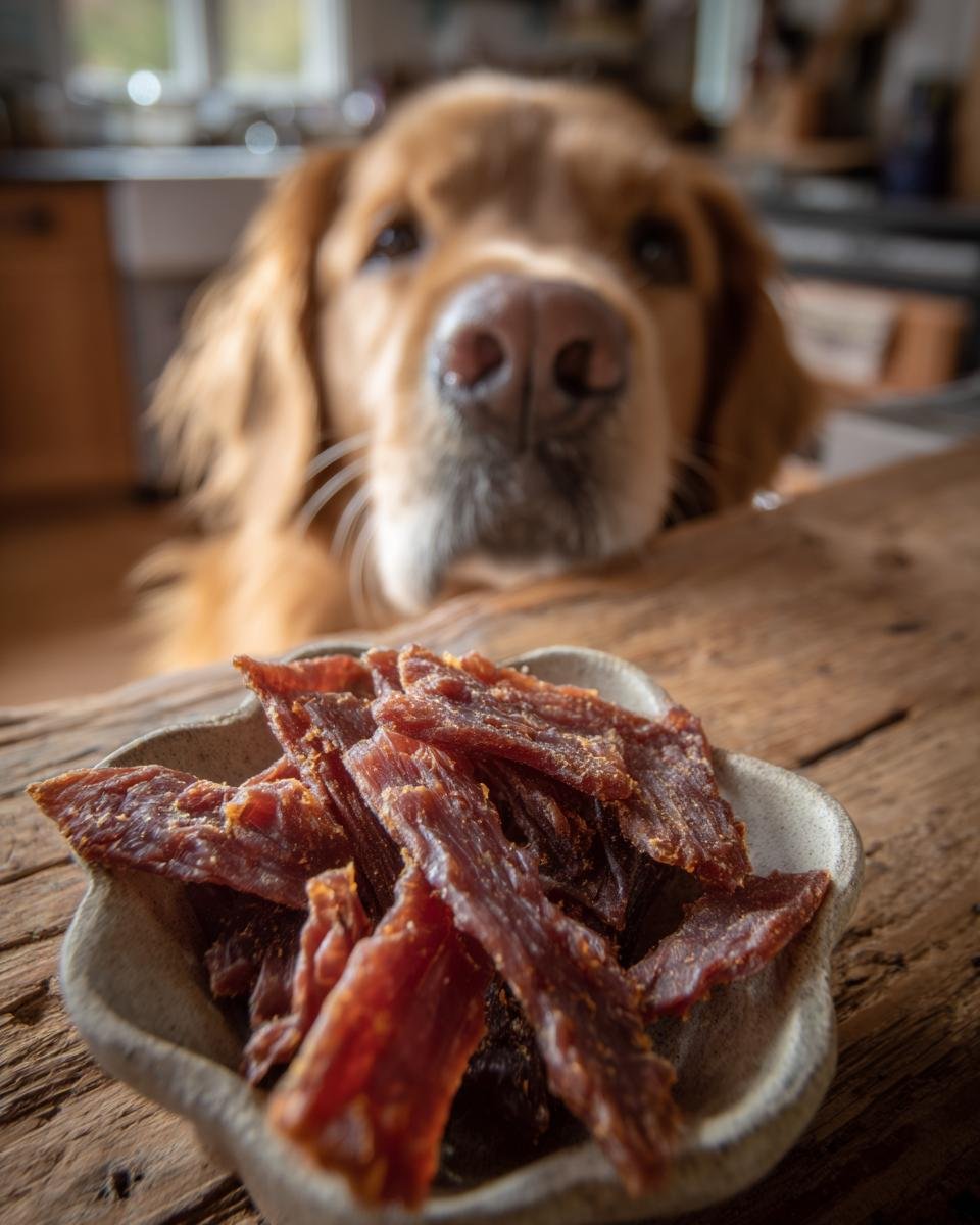 A golden retriever dog looking intently at a bowl of Turkey Sweet Pea Light Jerky on a wooden table.