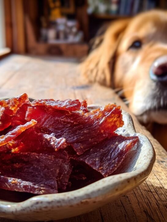 A bowl of Turkey Sweet Pea Light Jerky with a Golden Retriever dog looking on.