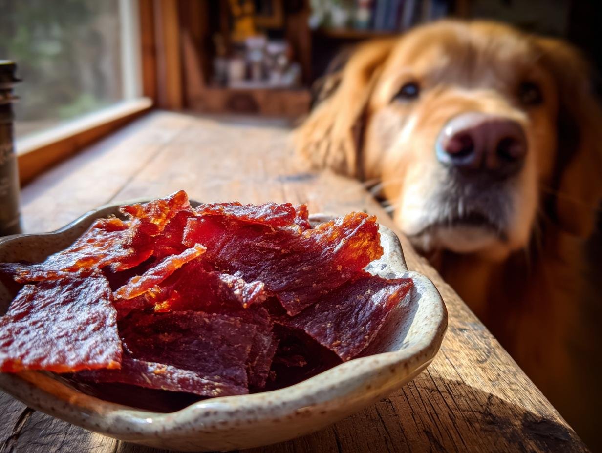 A bowl of Turkey Sweet Pea Light Jerky with a Golden Retriever dog looking on.