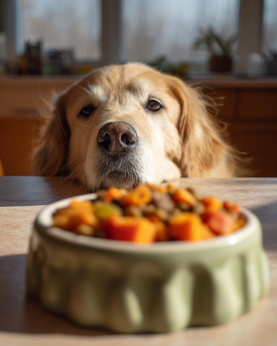 A Golden Retriever dog eagerly looks at a bowl filled with turkey and sweet potato chunks.