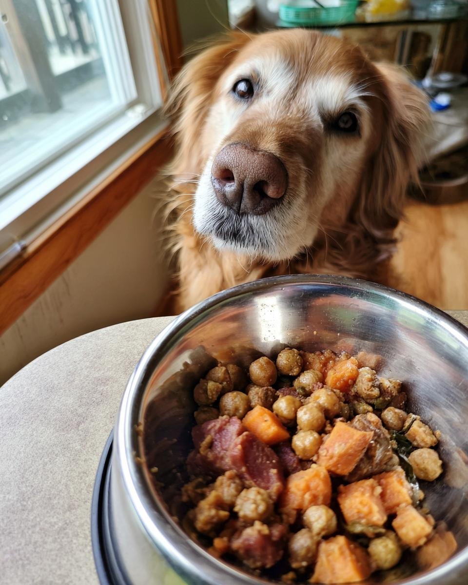 Golden retriever looking at a bowl of Turkey and Sweet Potato Muscle Builder Bowl for Strength.