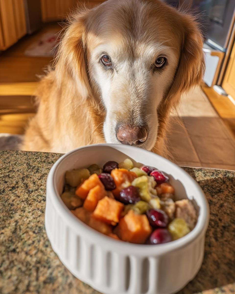 Golden Retriever dog looking intently at a bowl filled with Turkey and Sweet Potato Muscle Builder Bowl.