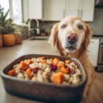 Golden retriever looking at a baking dish filled with Turkey and Wild Rice Warm Bowl.