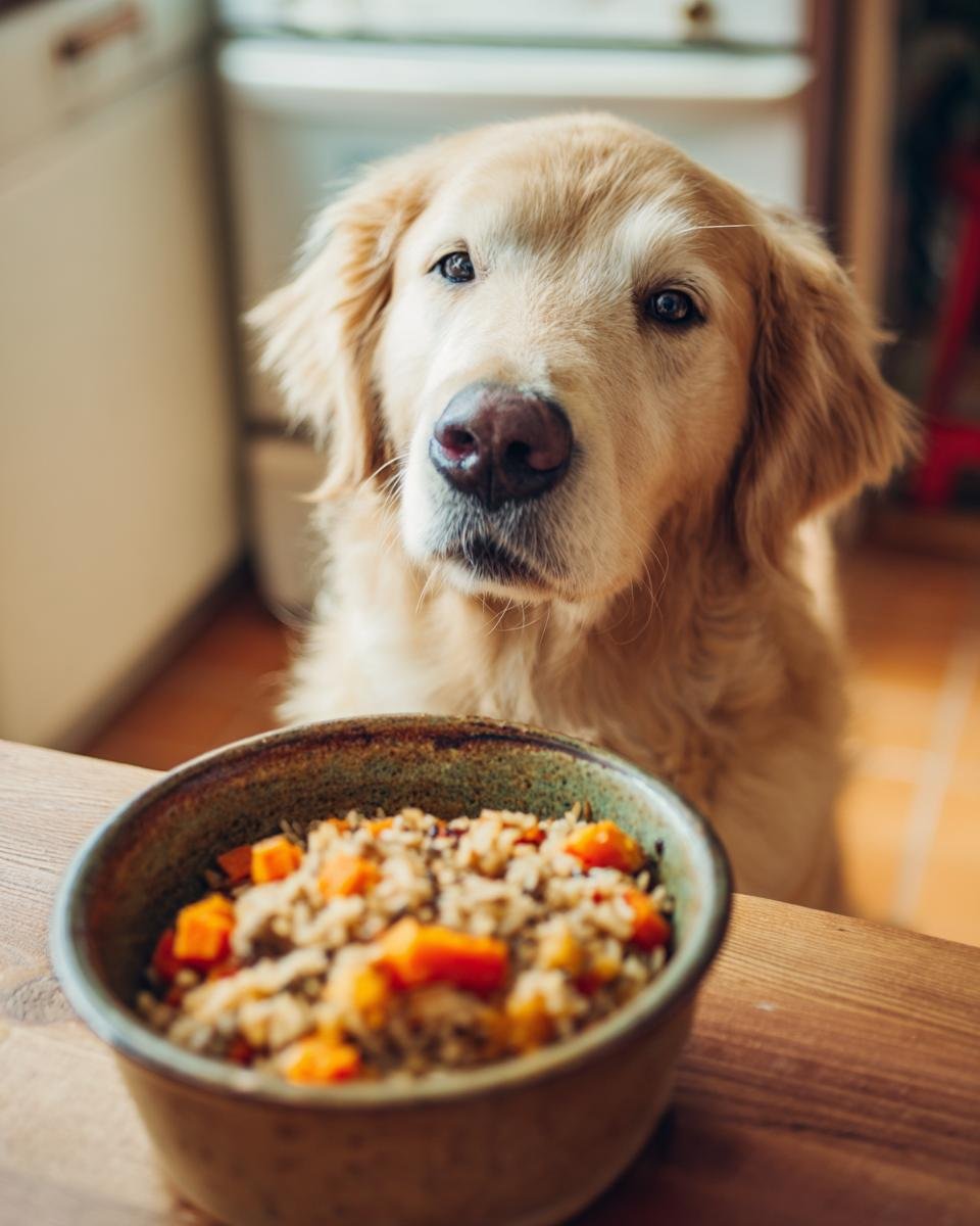 A golden retriever looks hopefully at a bowl of Turkey and Wild Rice Warm Bowl.