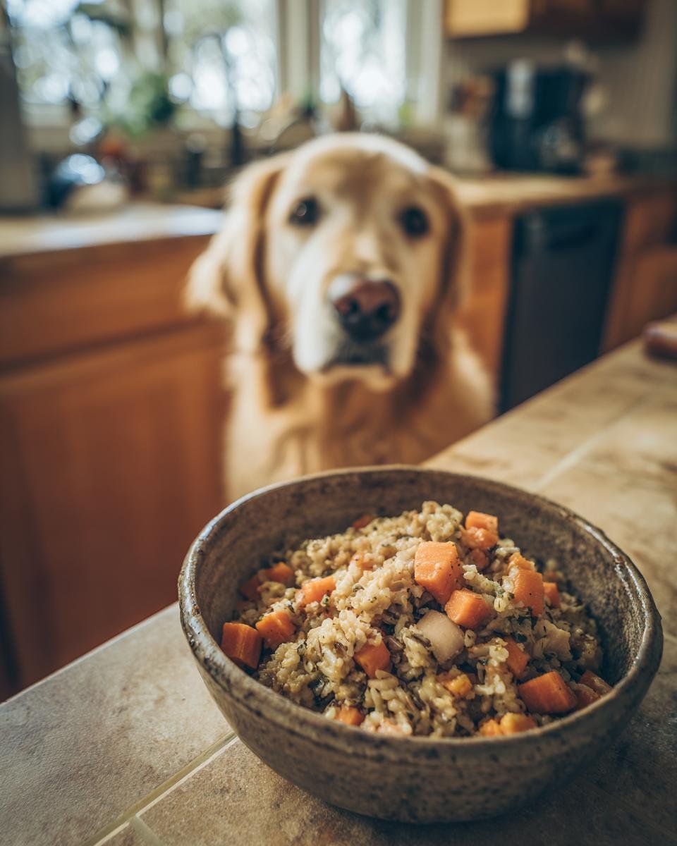 A golden retriever dog looking at a bowl of Turkey and Wild Rice Warm Bowl.