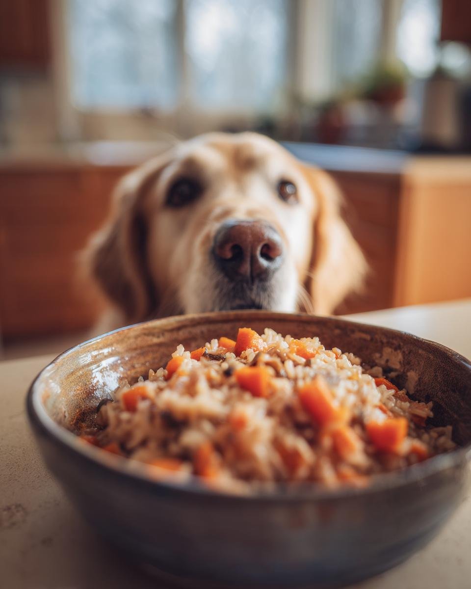 A golden retriever dog looking longingly at a bowl of Turkey and Wild Rice Warm Bowl.