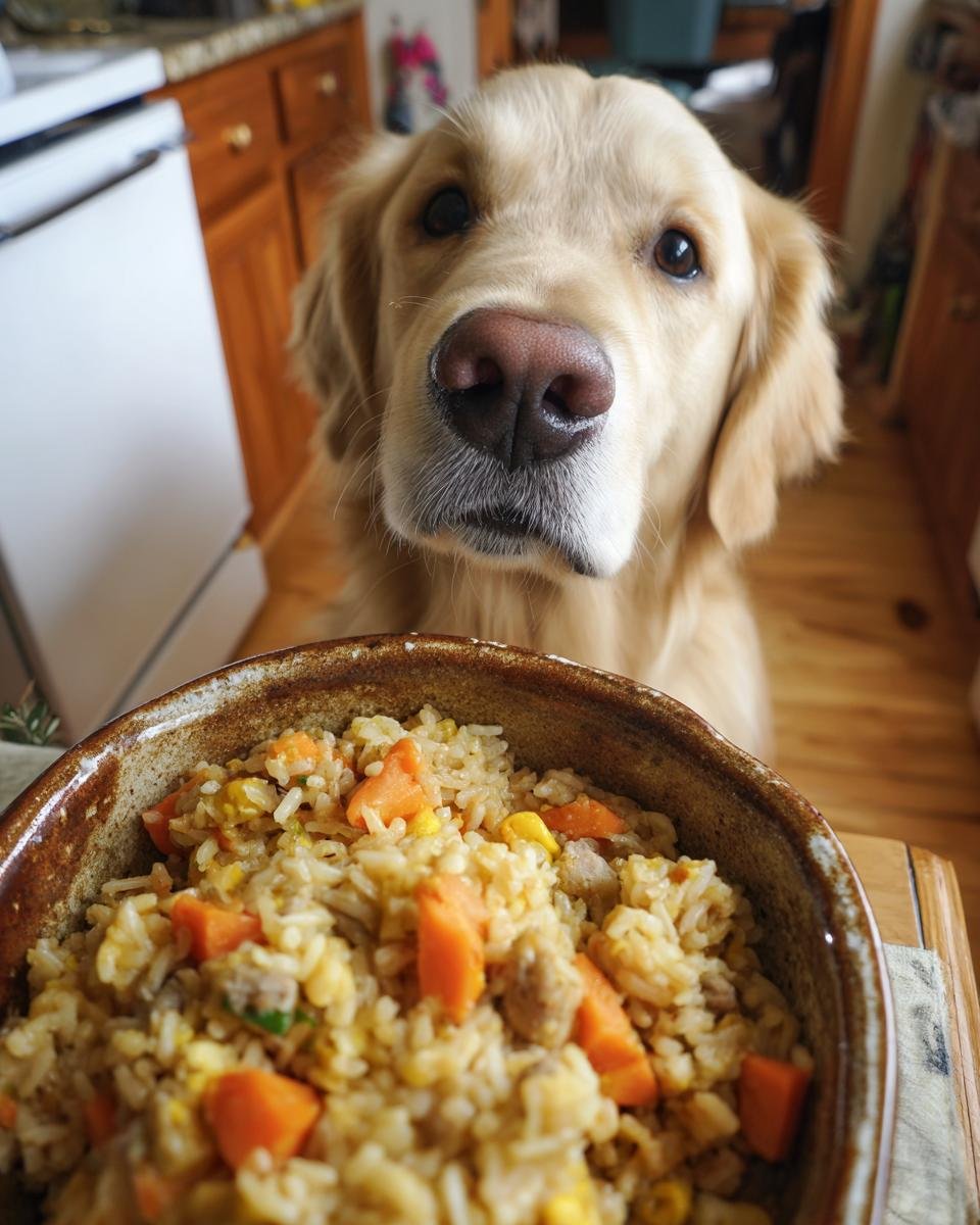 A golden retriever dog looking intently at a bowl of Turkey and Wild Rice Warm Bowl.