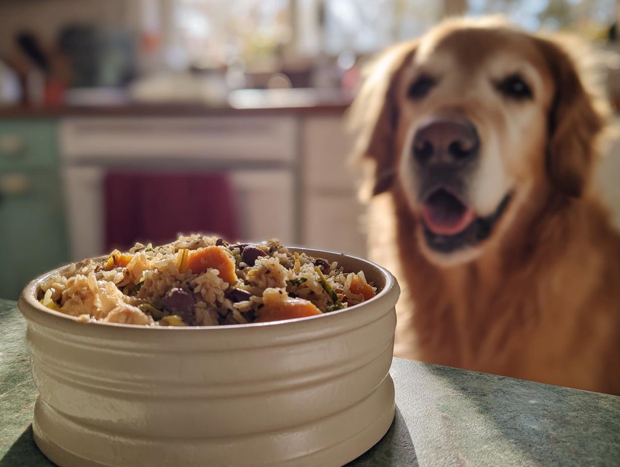 A close-up of a Turkey and Wild Rice Warm Bowl with a happy Golden Retriever dog in the background.