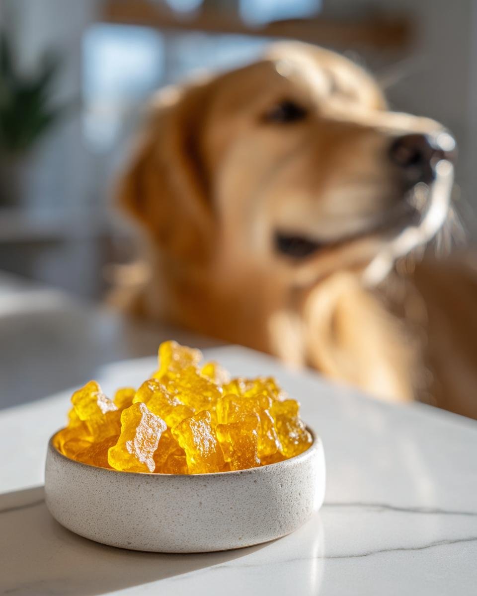 A bowl of yellow, bear-shaped Vet-Style Bone Broth Wellness Gummies for Dogs with a Golden Retriever in the background.