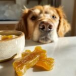 A curious Golden Retriever looks intently at bone-shaped Vet-Style Bone Broth Wellness Gummies on a counter.