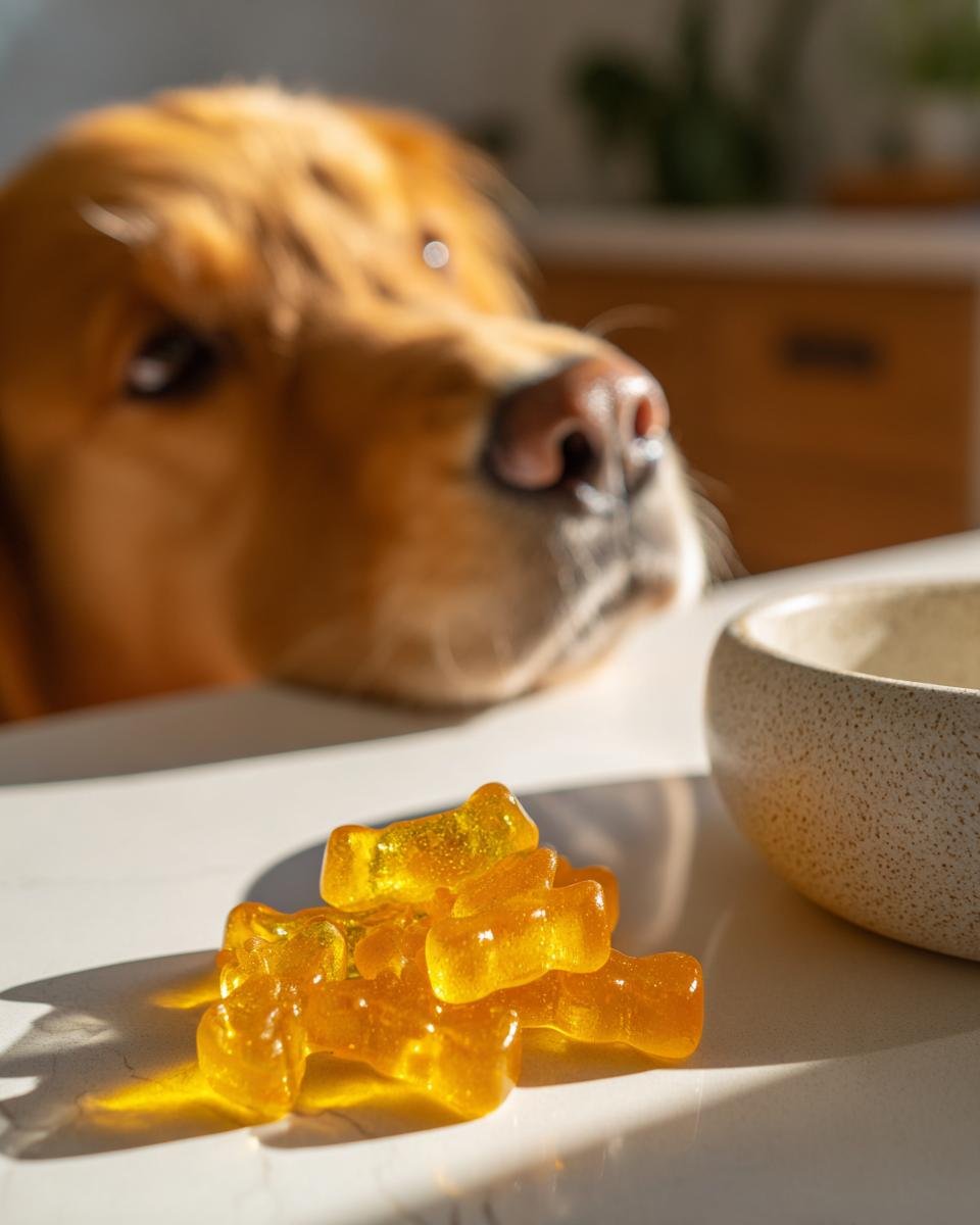 A pile of golden Vet-Style Bone Broth Wellness Gummies for Dogs sits on a counter as a Golden Retriever looks on intently.