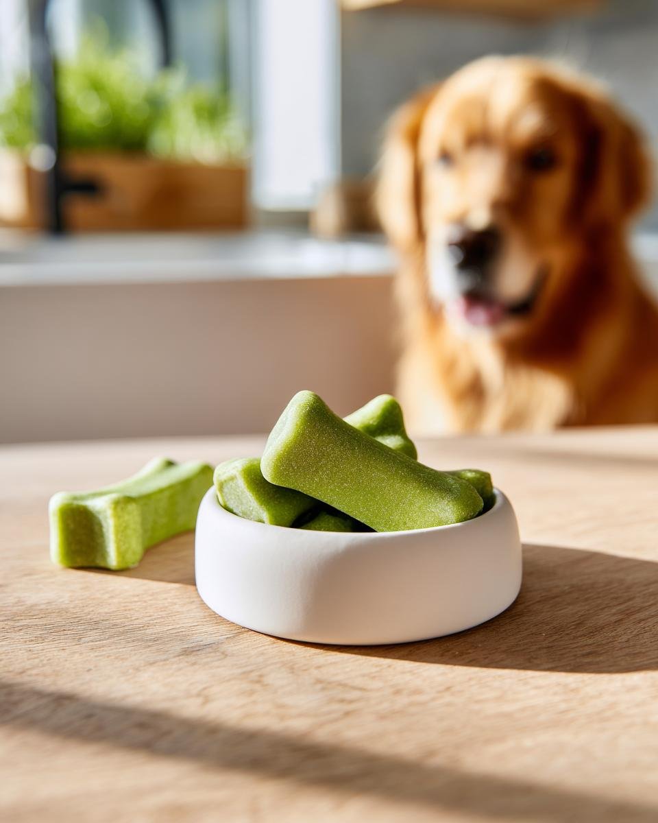 Green, bone-shaped Zucchini Bone Broth Soft Gummy Bones in a white bowl with a Golden Retriever waiting in the background.