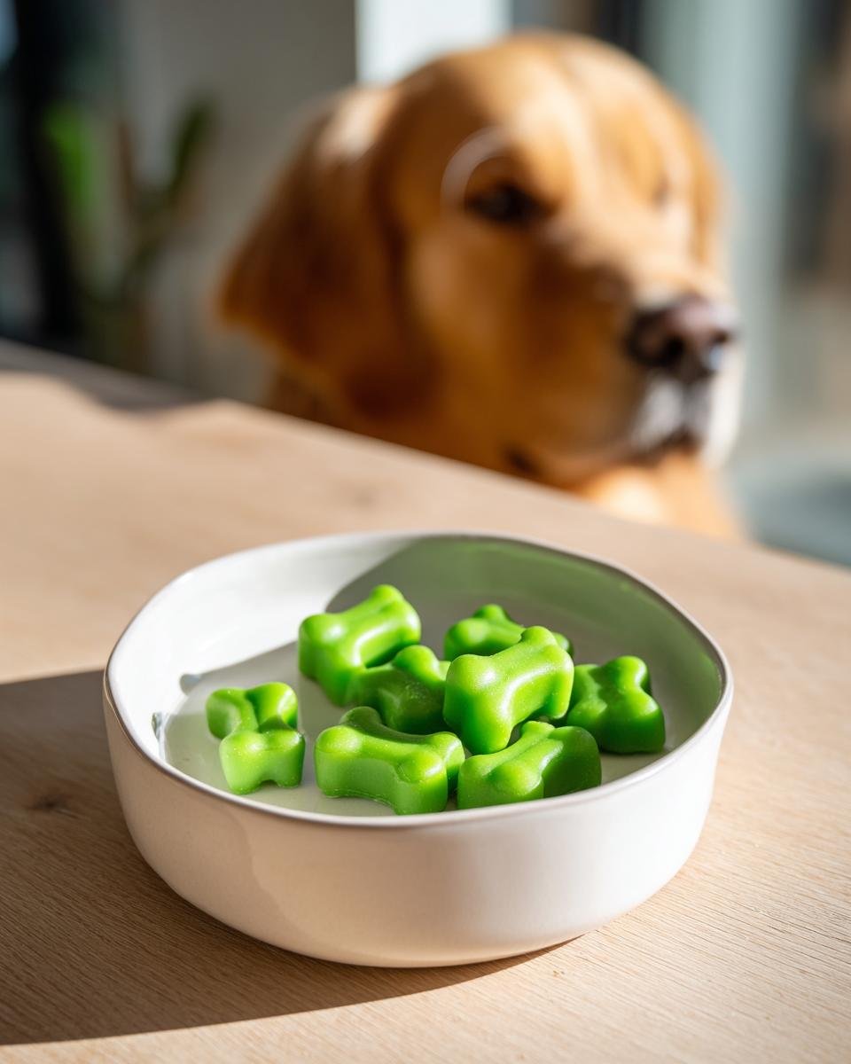 A bowl of bright green Zucchini Bone Broth Soft Gummy Bones with a golden retriever looking on in the background.